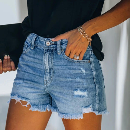 Women Mid Rise Ripped Casual Jeans Shorts Frayed Raw Hem Denim Shorts-A4