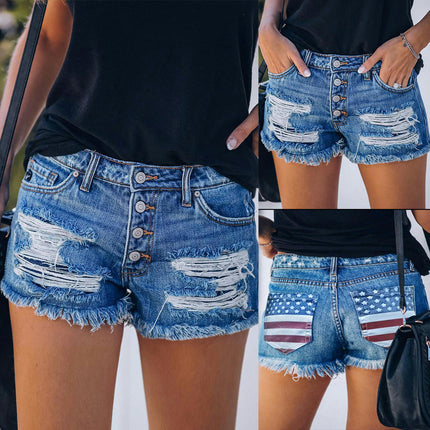 Women's Denim Shorts Summer Casual Mid Waisted Raw Hem Ripped Denim Jean Shorts