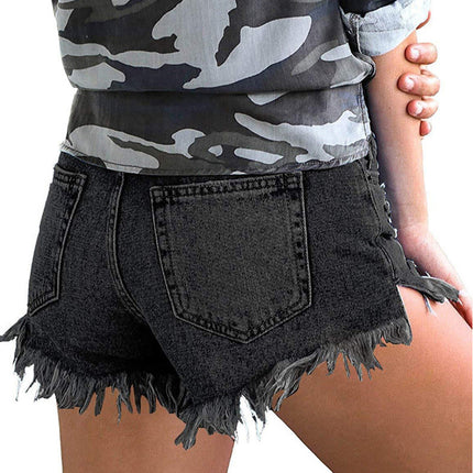 Womens Jean Shorts Mid-Rise Frayed Raw Hemline Ripped Denim Short Jeans