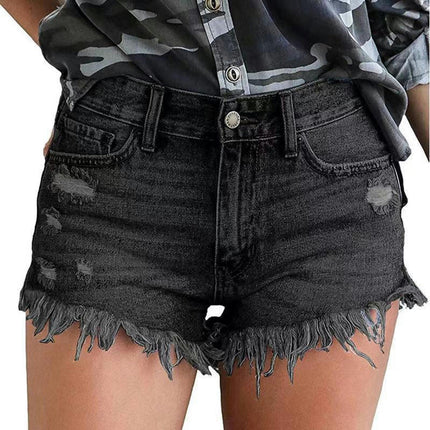 Womens Jean Shorts Mid-Rise Frayed Raw Hemline Ripped Denim Short Jeans