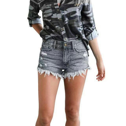 Womens Jean Shorts Mid-Rise Frayed Raw Hemline Ripped Denim Short Jeans