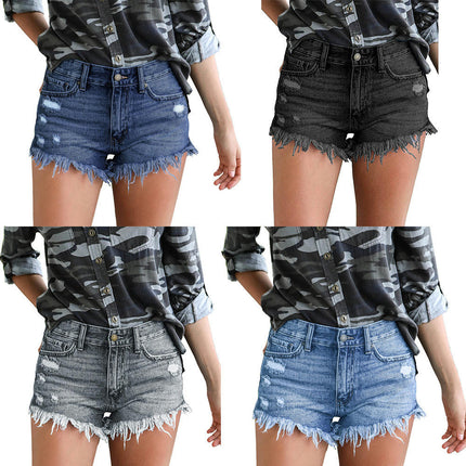 Womens Jean Shorts Mid-Rise Frayed Raw Hemline Ripped Denim Short Jeans