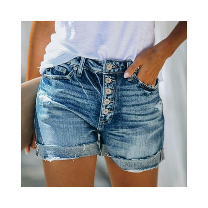 Women Mid Rise Distressed Denim Shorts Ripped Folded Hem Jeans Shorts