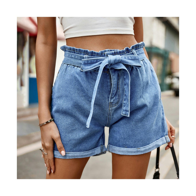 Women's High Waist Jean Shorts Belt Folded Hem Denim Jeans Shorts