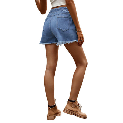 Women Drawstring Elastic Waist Jeans Shorts Raw Hem Casual Denim Shorts