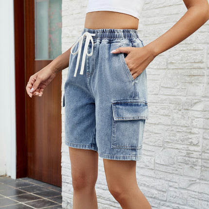 Women Denim Shorts High Waisted Straight Leg Casual Cargo Jean Shorts with Pockets