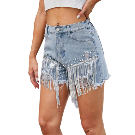 Women Denim Shorts High Waisted Ripped Fringe Tassels Frayed Raw Hem Jean Shorts