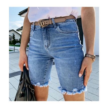 Women's High Waist Ripped Denim Shorts Straight Leg Raw Hem Jean Shorts