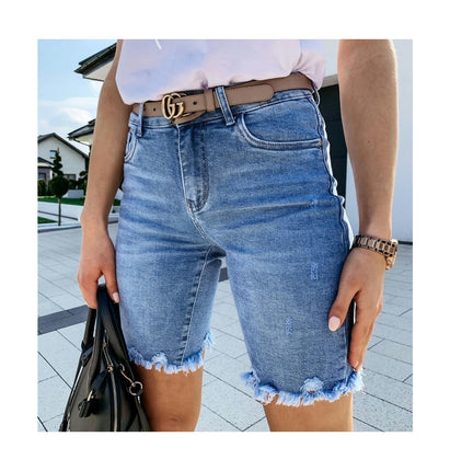 Women's High Waist Ripped Denim Shorts Straight Leg Raw Hem Jean Shorts