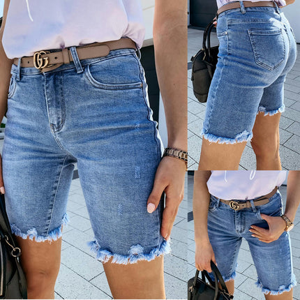 Women's High Waist Ripped Denim Shorts Straight Leg Raw Hem Jean Shorts