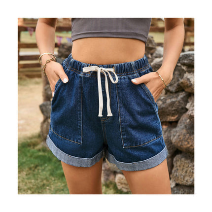 Women Summer Casual Jean Shorts Drawstring Elastic Waist Denim Shorts with Pockets