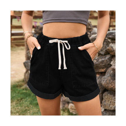 Women Summer Casual Jean Shorts Drawstring Elastic Waist Denim Shorts with Pockets