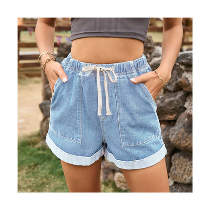 Women Summer Casual Jean Shorts Drawstring Elastic Waist Denim Shorts with Pockets