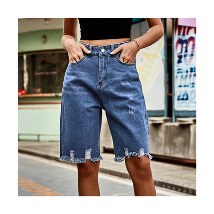 Women Bermuda Denim Shorts Destroyed Raw Hem Jean Shorts