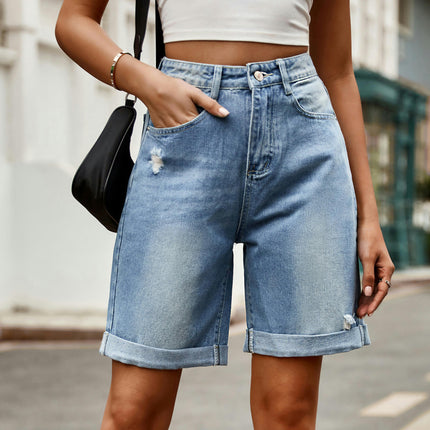 Women's Ripped Rolled Hem Denim Bermuda Jean Shorts High Waist Casual Denim Shorts