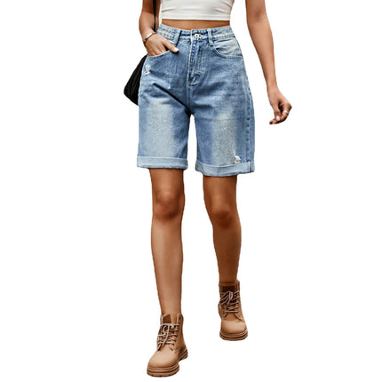 Women's Ripped Rolled Hem Denim Bermuda Jean Shorts High Waist Casual Denim Shorts