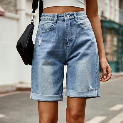 Women's Ripped Rolled Hem Denim Bermuda Jean Shorts High Waist Casual Denim Shorts