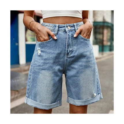 Women's Ripped Rolled Hem Denim Bermuda Jean Shorts High Waist Casual Denim Shorts