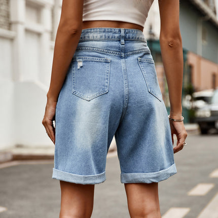 Women's Ripped Rolled Hem Denim Bermuda Jean Shorts High Waist Casual Denim Shorts