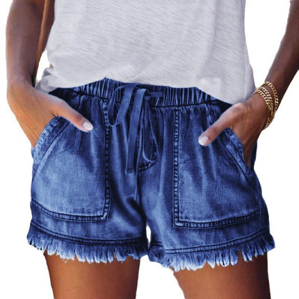 Womens Drawstring Casual Denim Shorts Elastic Waist Raw Hem Jean Shorts