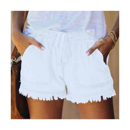 Womens Drawstring Casual Denim Shorts Elastic Waist Raw Hem Jean Shorts