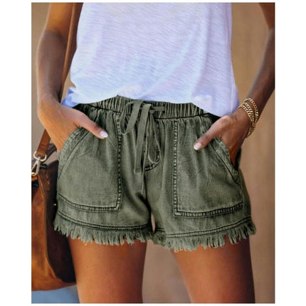 Womens Drawstring Casual Denim Shorts Elastic Waist Raw Hem Jean Shorts