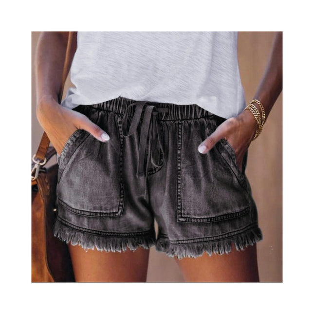 Womens Drawstring Casual Denim Shorts Elastic Waist Raw Hem Jean Shorts