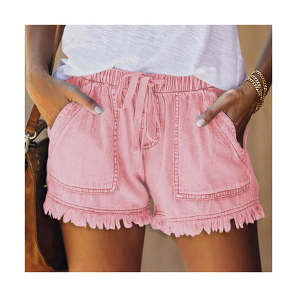 Womens Drawstring Casual Denim Shorts Elastic Waist Raw Hem Jean Shorts