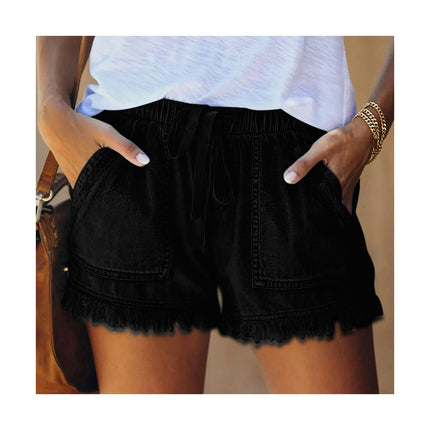 Womens Drawstring Casual Denim Shorts Elastic Waist Raw Hem Jean Shorts