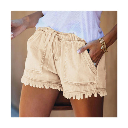 Womens Drawstring Casual Denim Shorts Elastic Waist Raw Hem Jean Shorts