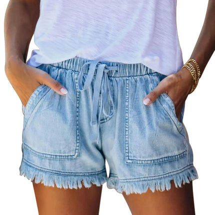 Womens Drawstring Casual Denim Shorts Elastic Waist Raw Hem Jean Shorts