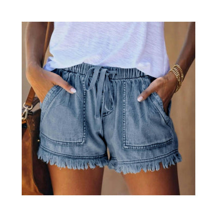 Womens Drawstring Casual Denim Shorts Elastic Waist Raw Hem Jean Shorts