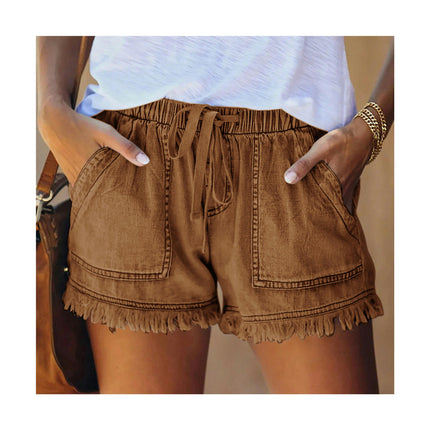 Womens Drawstring Casual Denim Shorts Elastic Waist Raw Hem Jean Shorts