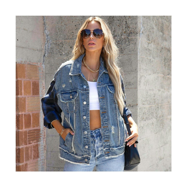 Denim Jacket for Women Distressed Button Up Frayed Hem Jean Jackets