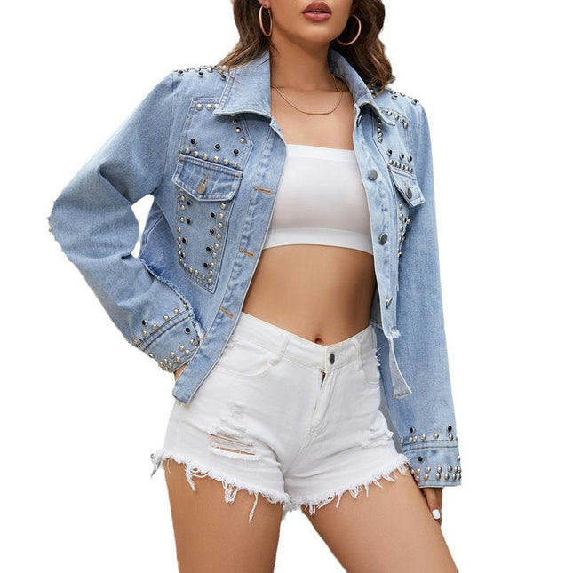 Women's Cropped Denim Jacket Studded Long Sleeve Jean Jacket