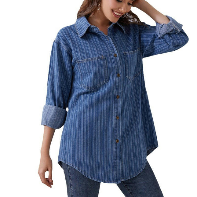 Women's Long Sleeve Collared Shirt Button Down Denim Blouse Tops