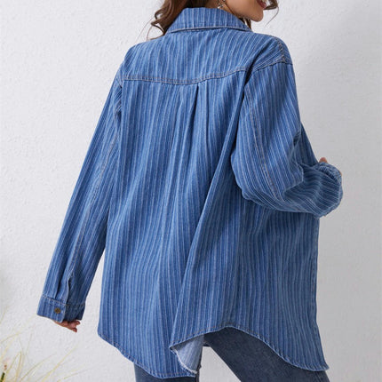 Women's Long Sleeve Collared Shirt Button Down Denim Blouse Tops