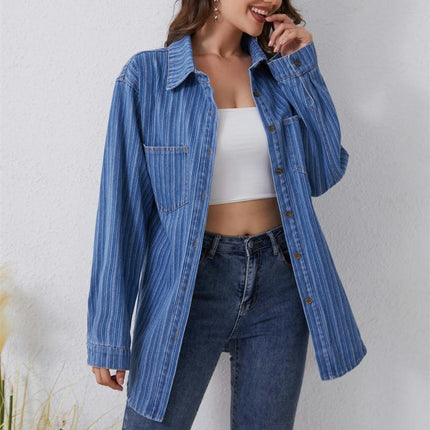 Women's Long Sleeve Collared Shirt Button Down Denim Blouse Tops