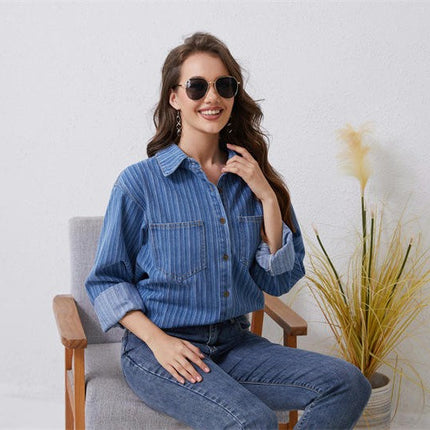 Women's Long Sleeve Collared Shirt Button Down Denim Blouse Tops