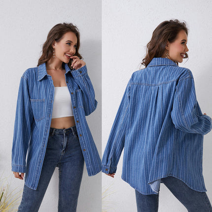 Women's Long Sleeve Collared Shirt Button Down Denim Blouse Tops