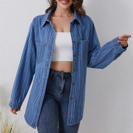 Women's Long Sleeve Collared Shirt Button Down Denim Blouse Tops