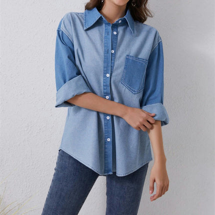 Womens Contrast Denim Jacket Long Sleeve Button Down Shirts Boyfriend Blouses Tops