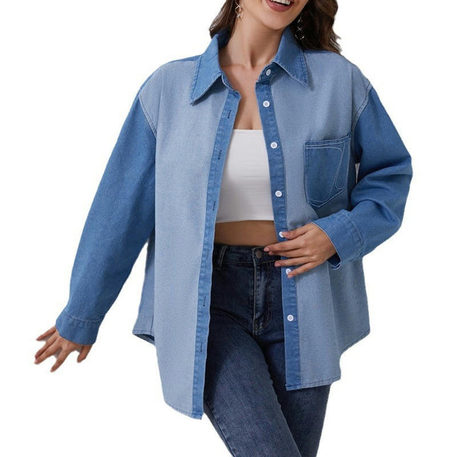 Womens Contrast Denim Jacket Long Sleeve Button Down Shirts Boyfriend Blouses Tops