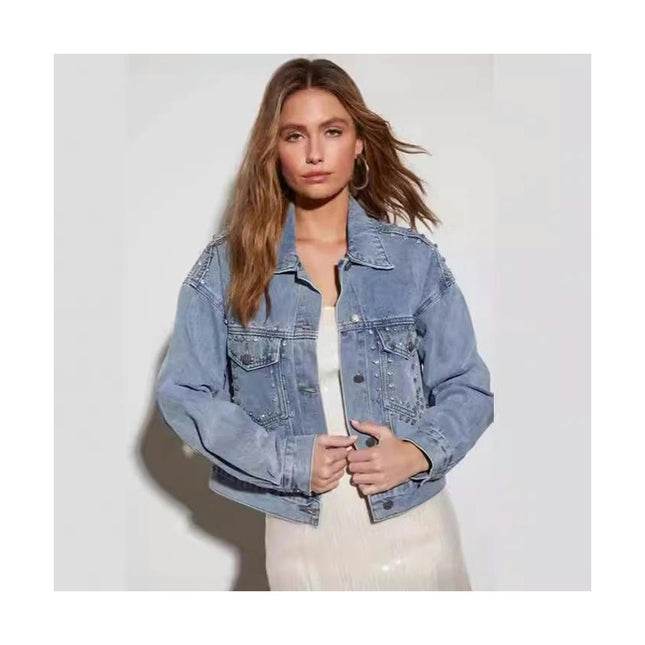 Women's Beaded Denim Jacket Long Sleeve Cropped Jean Coat