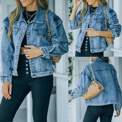 Women's Button Down Denim Jacket Cropped Long Sleeves Jean Jacket