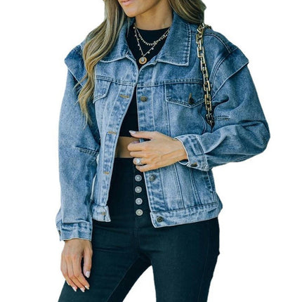 Women's Button Down Denim Jacket Cropped Long Sleeves Jean Jacket