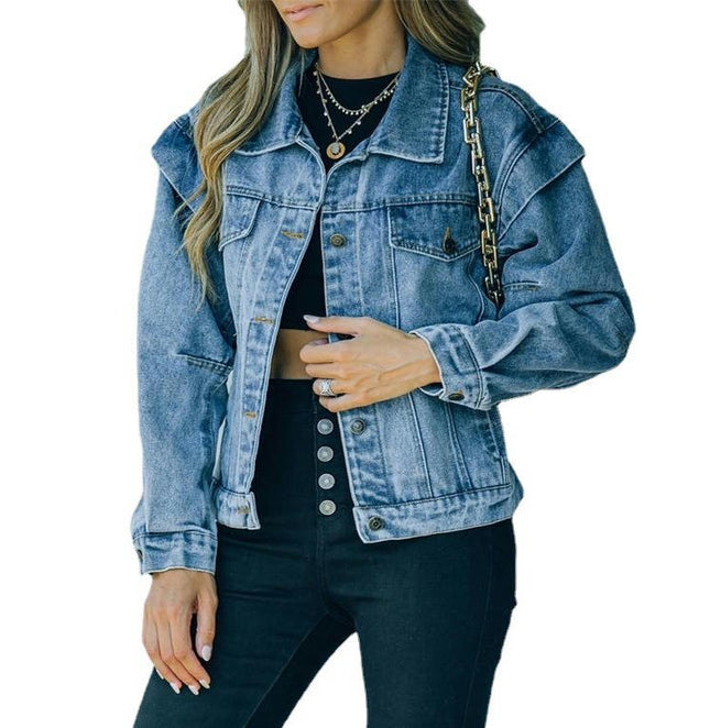 Women's Button Down Denim Jacket Cropped Long Sleeves Jean Jacket