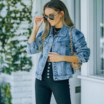 Women's Button Down Denim Jacket Cropped Long Sleeves Jean Jacket