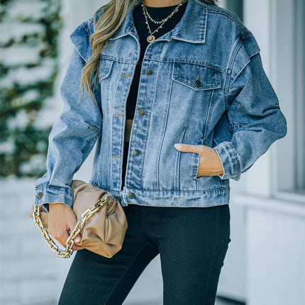 Women's Button Down Denim Jacket Cropped Long Sleeves Jean Jacket