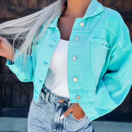 Women's Long Sleeve Tassel Cropped Denim Jacket Ripped Jean Jackets